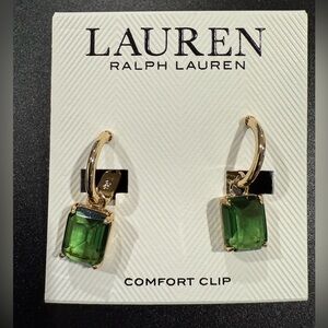 NWT Lauren Ralph Lauren Green Gold Comfort Clip Earrings